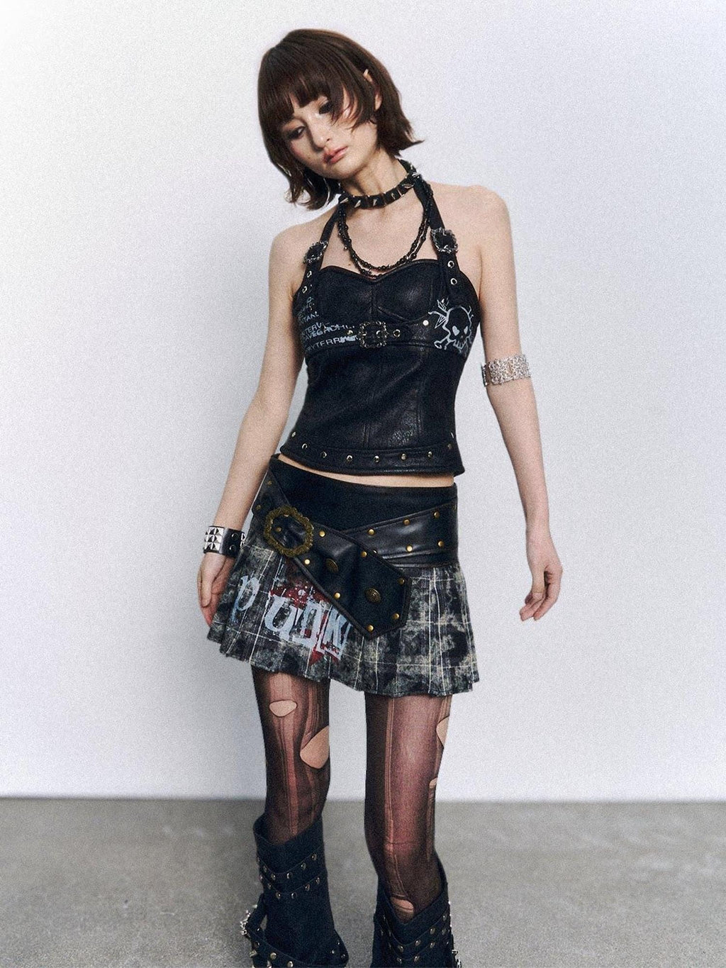 Frustration Garden Backless Halter Slim Fit Suede Skull Print Zipper Studded Padded Camisoles