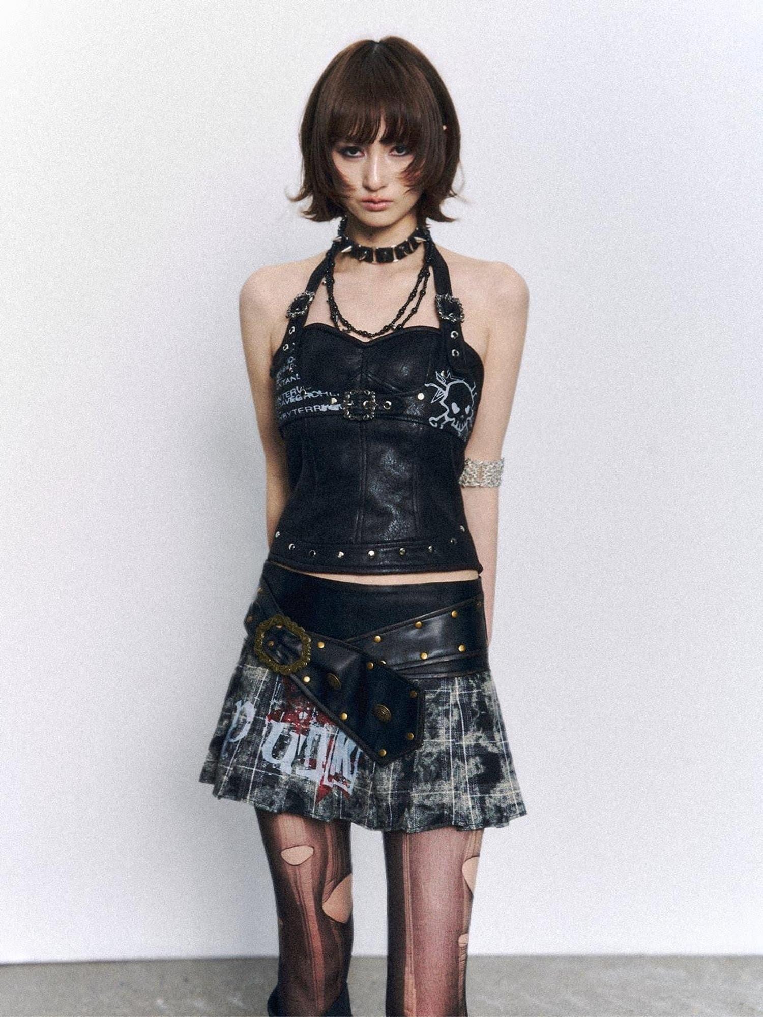 Frustration Garden Backless Halter Slim Fit Suede Skull Print Zipper Studded Padded Camisoles