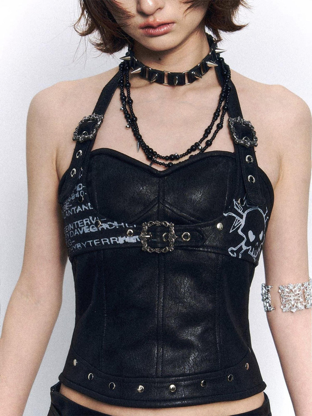Frustration Garden Backless Halter Slim Fit Suede Skull Print Zipper Studded Padded Camisoles