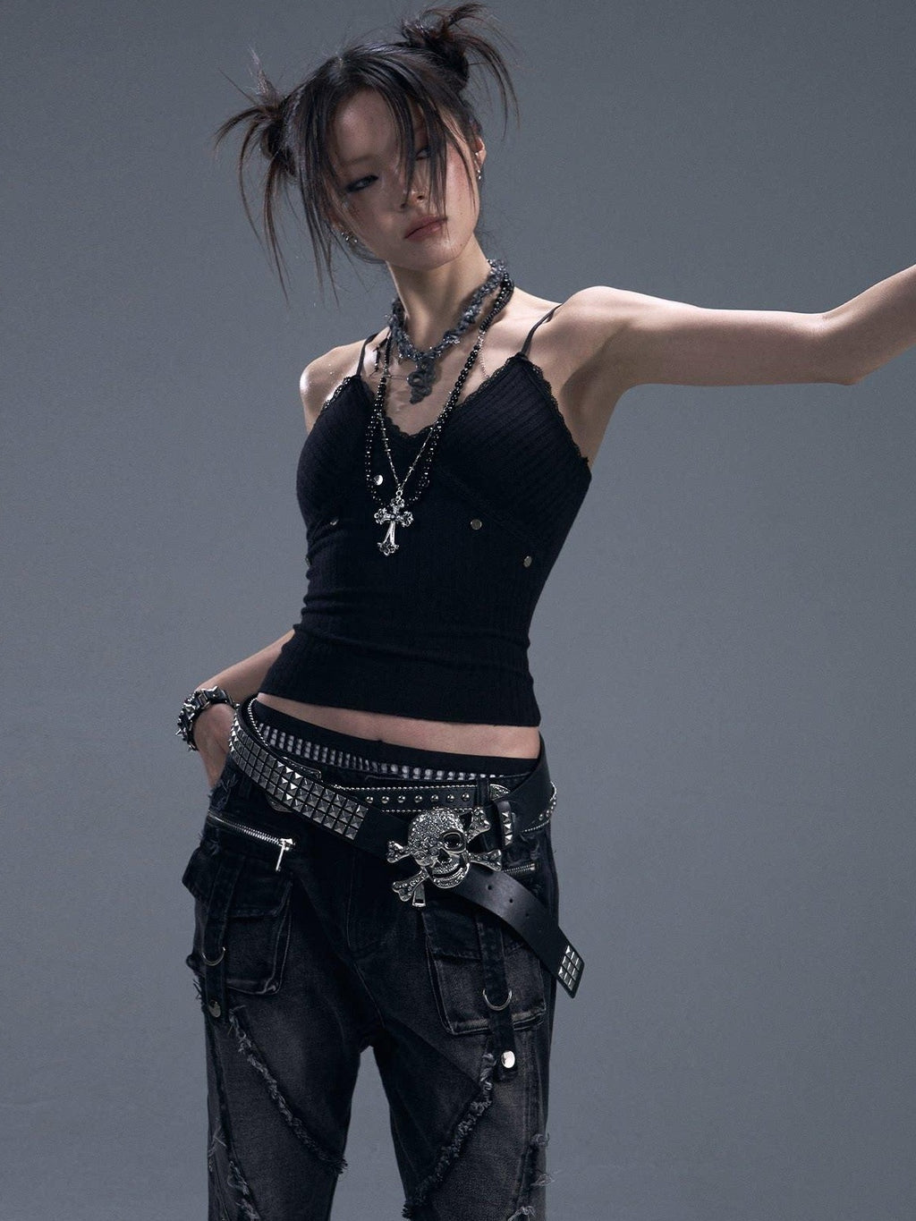 Frustration Garden Backless Studded Lace Original Slim Fit Cropped Black Cotton Pullover Camisoles