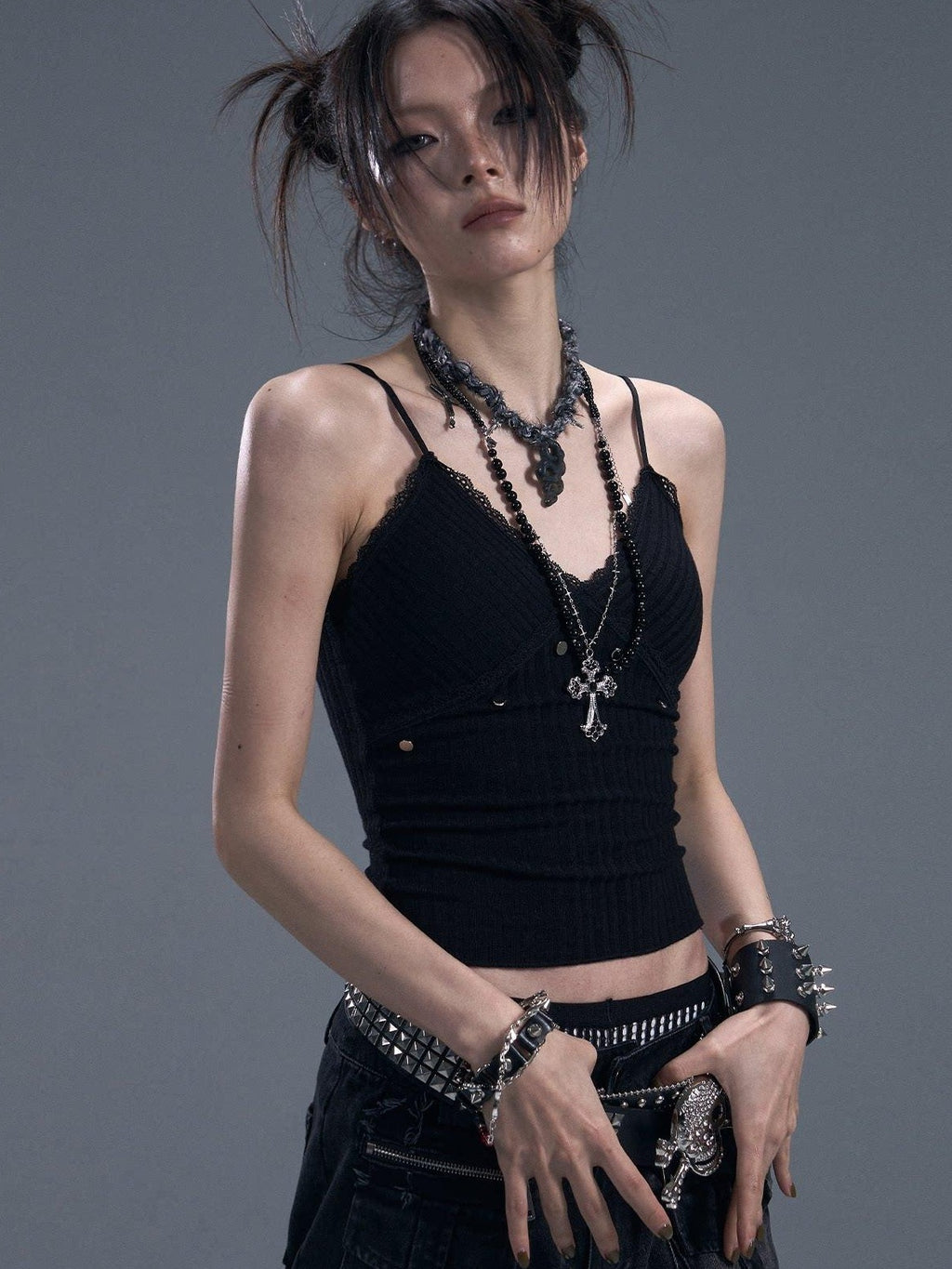 Frustration Garden Backless Studded Lace Original Slim Fit Cropped Black Cotton Pullover Camisoles