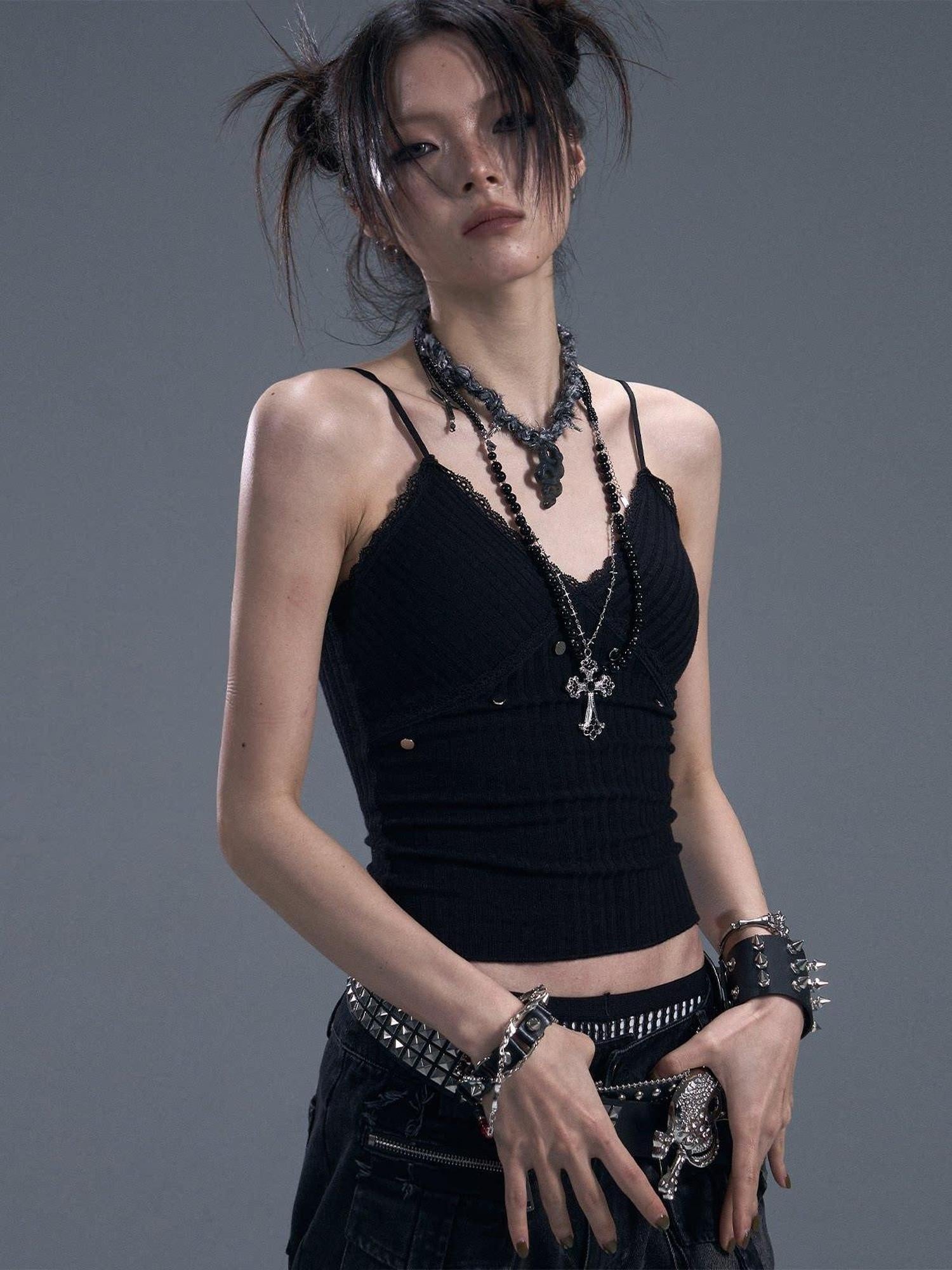 Frustration Garden Backless Studded Lace Original Slim Fit Cropped Black Cotton Pullover Camisoles
