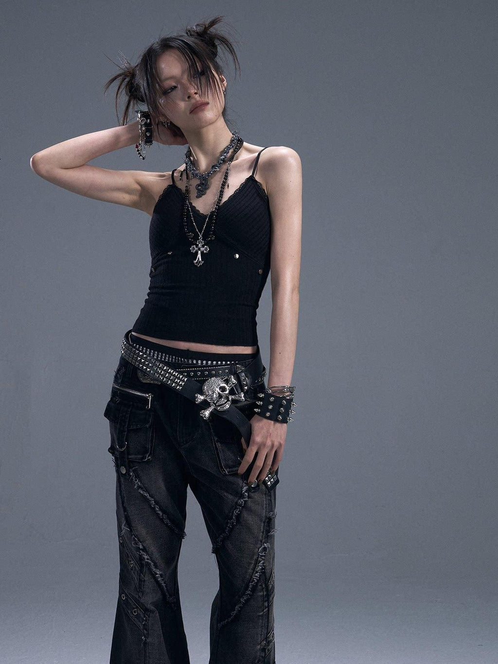 Frustration Garden Backless Studded Lace Original Slim Fit Cropped Black Cotton Pullover Camisoles