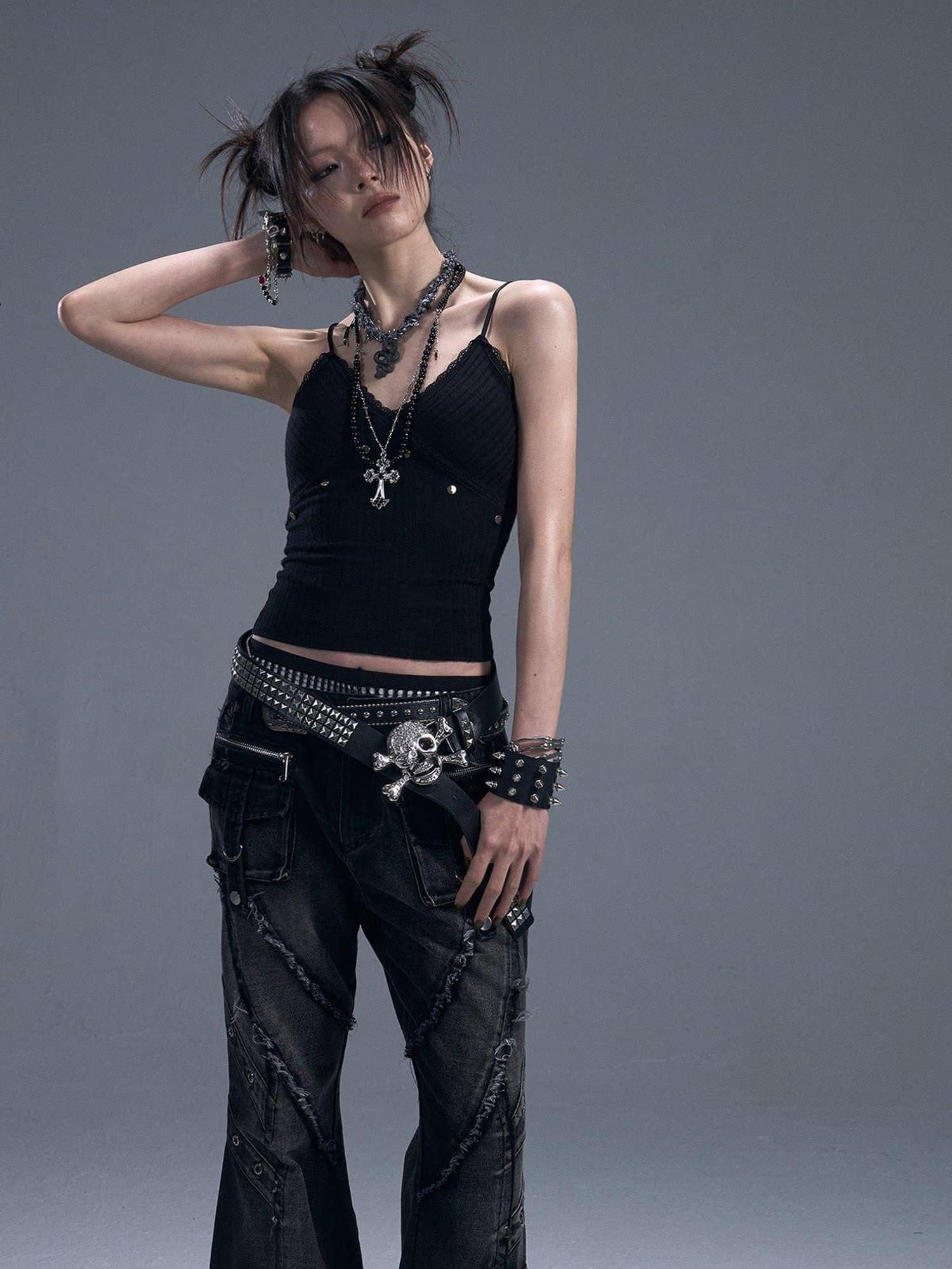 Frustration Garden Backless Studded Lace Original Slim Fit Cropped Black Cotton Pullover Camisoles