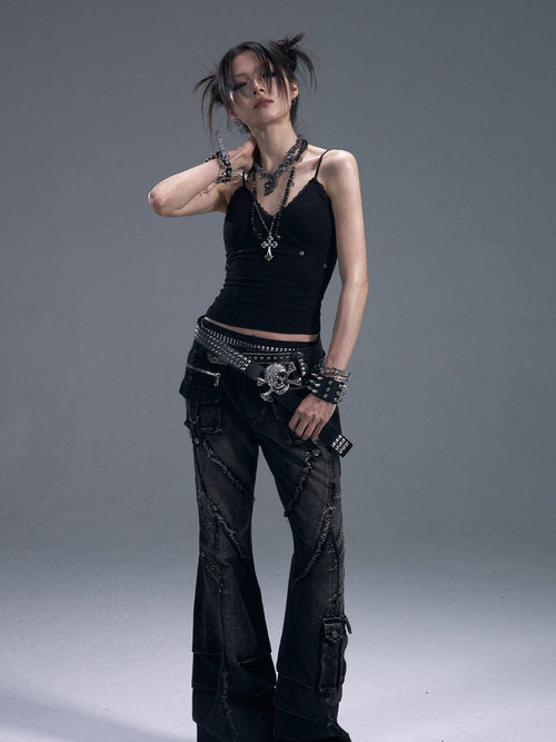 Frustration Garden Backless Studded Lace Original Slim Fit Cropped Black Cotton Pullover Camisoles