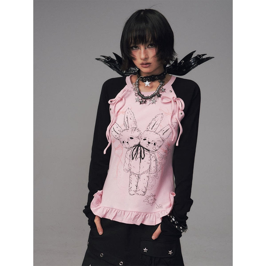 Frustration_Garden_Bow_Lace_3D_Embellished_Slim_Girly_Raglan_Daily_Black_Pink_Long_Sleeve_T-Shirts_MISSTT