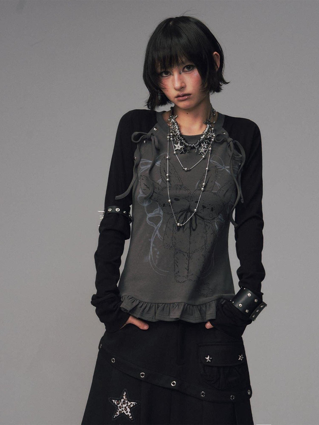 Frustration Garden Bow Lace 3D Embellished Slim Girly Raglan Daily Black Pink Long Sleeve T-Shirts