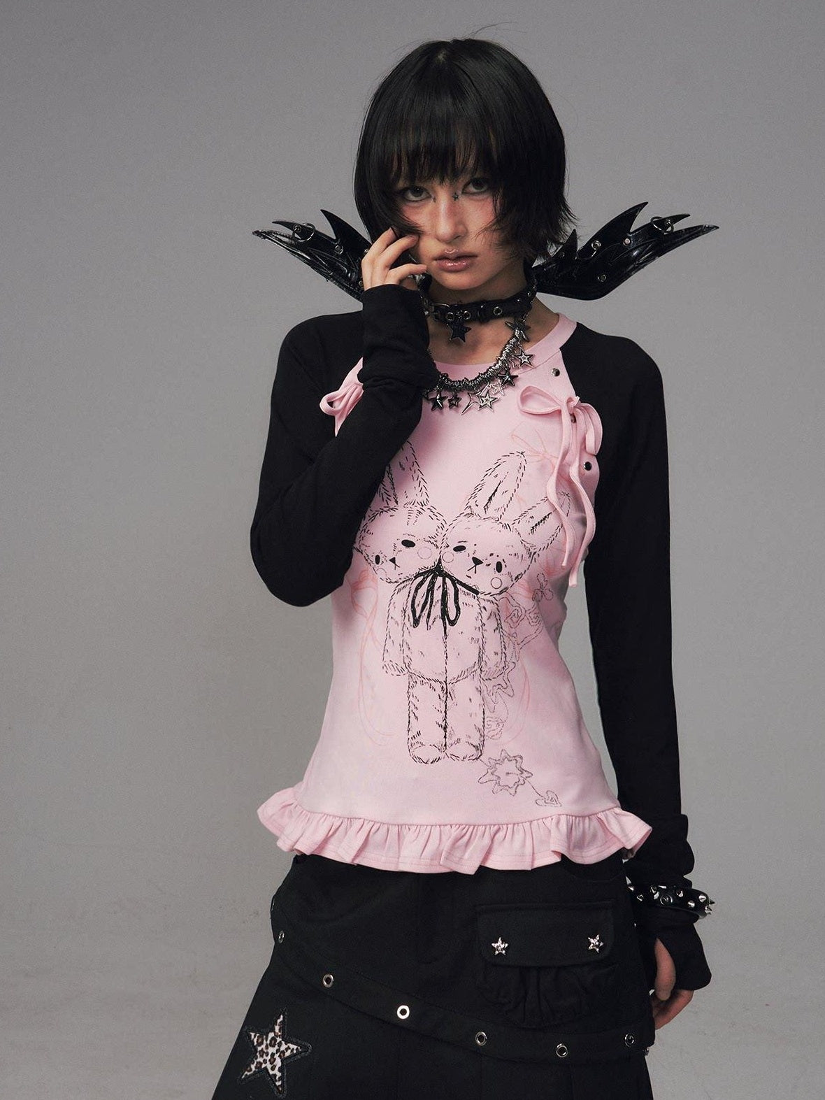 Frustration Garden Bow Lace 3D Embellished Slim Girly Raglan Daily Black Pink Long Sleeve T-Shirts