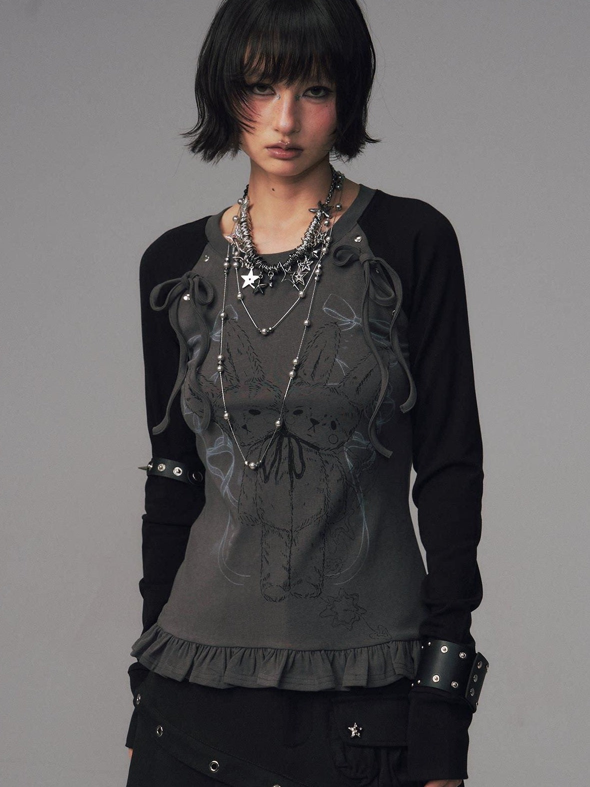 Frustration Garden Bow Lace 3D Embellished Slim Girly Raglan Daily Black Pink Long Sleeve T-Shirts