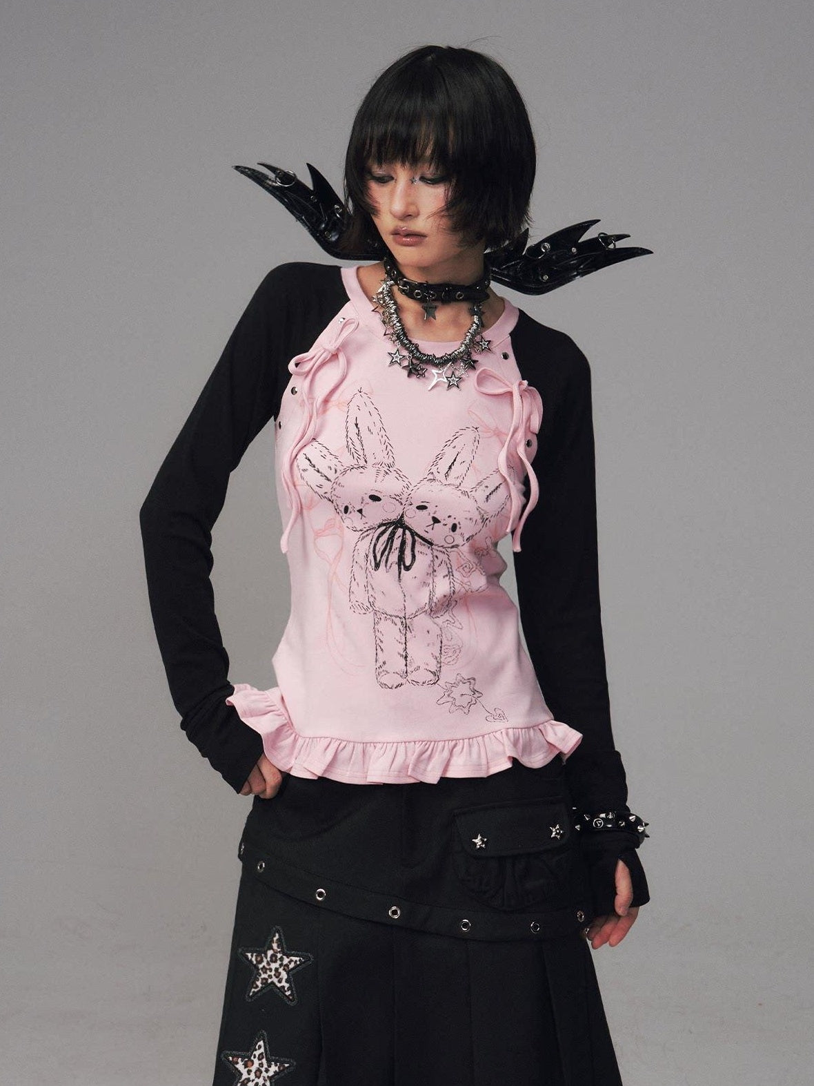 Frustration Garden Bow Lace 3D Embellished Slim Girly Raglan Daily Black Pink Long Sleeve T-Shirts