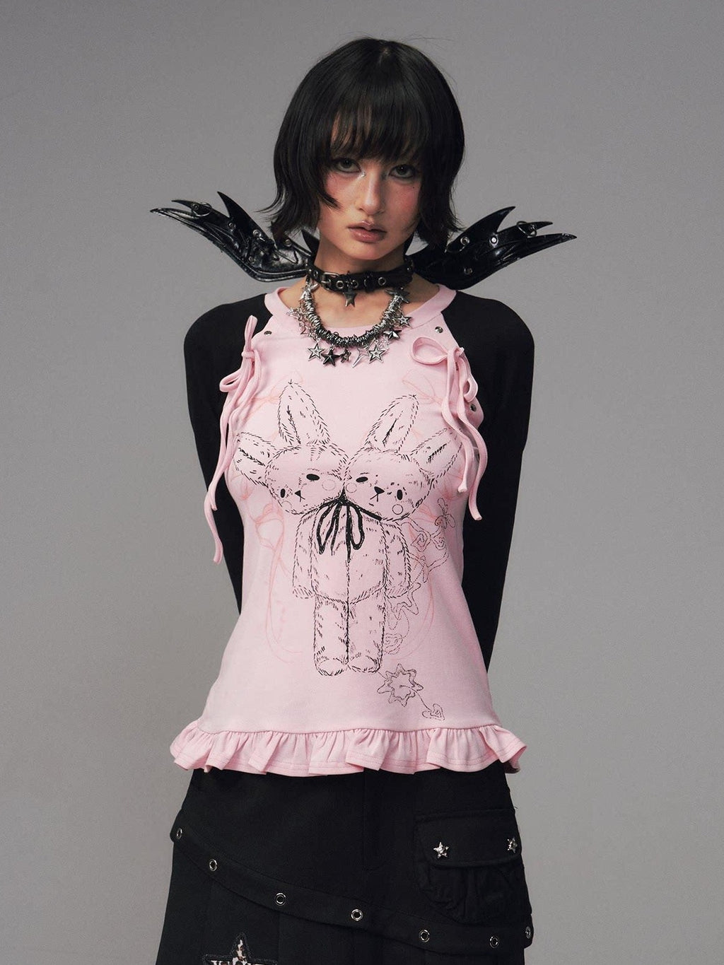 Frustration Garden Bow Lace 3D Embellished Slim Girly Raglan Daily Black Pink Long Sleeve T-Shirts