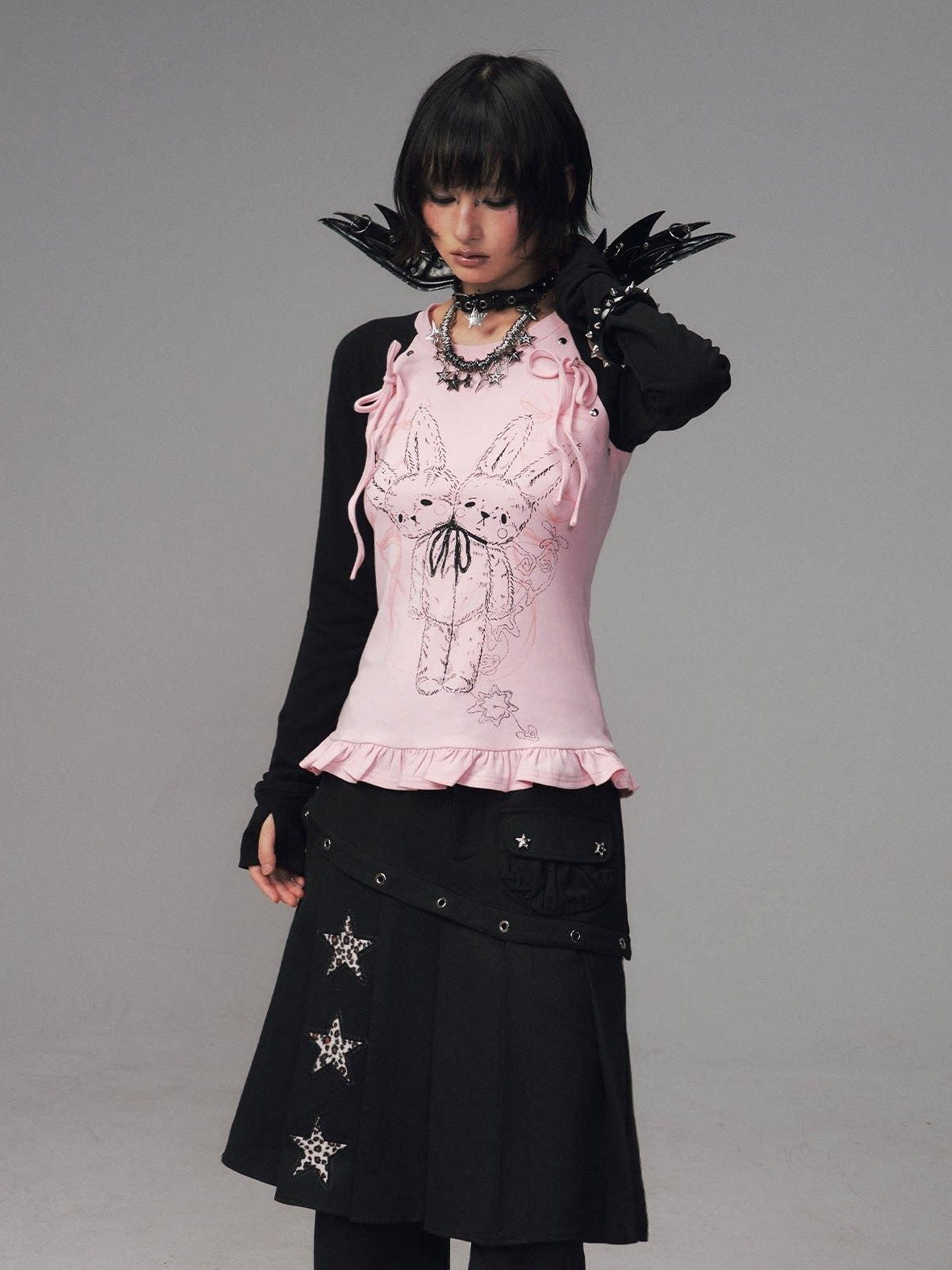 Frustration Garden Bow Lace 3D Embellished Slim Girly Raglan Daily Black Pink Long Sleeve T-Shirts