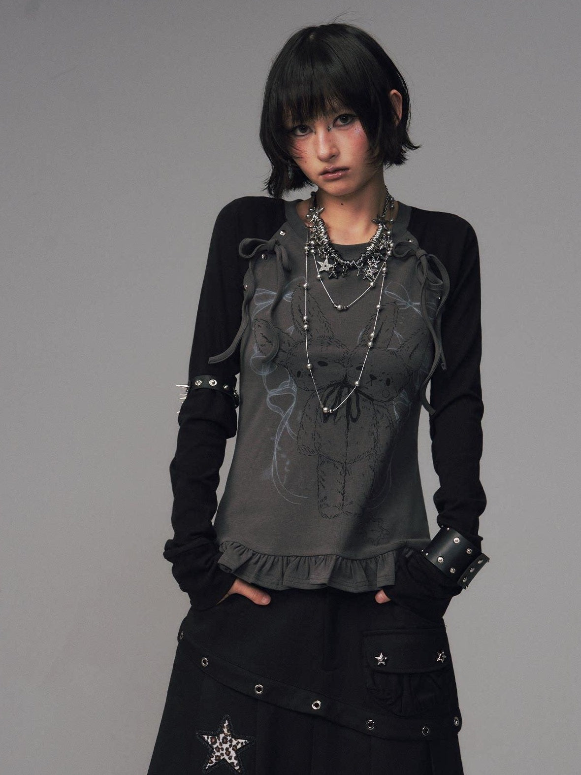 Frustration Garden Bow Lace 3D Embellished Slim Girly Raglan Daily Black Pink Long Sleeve T-Shirts