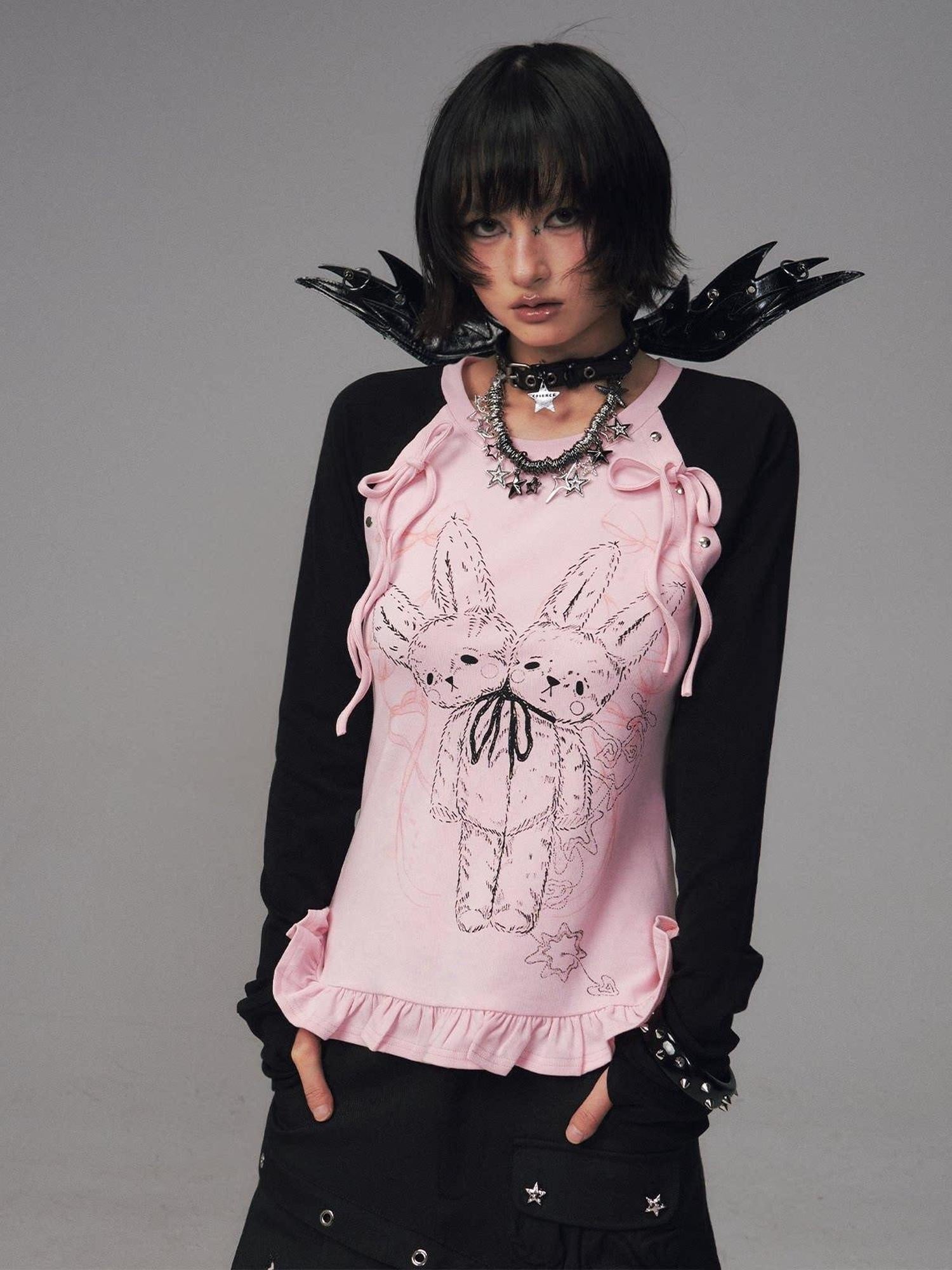Frustration Garden Bow Lace 3D Embellished Slim Girly Raglan Daily Black Pink Long Sleeve T-Shirts