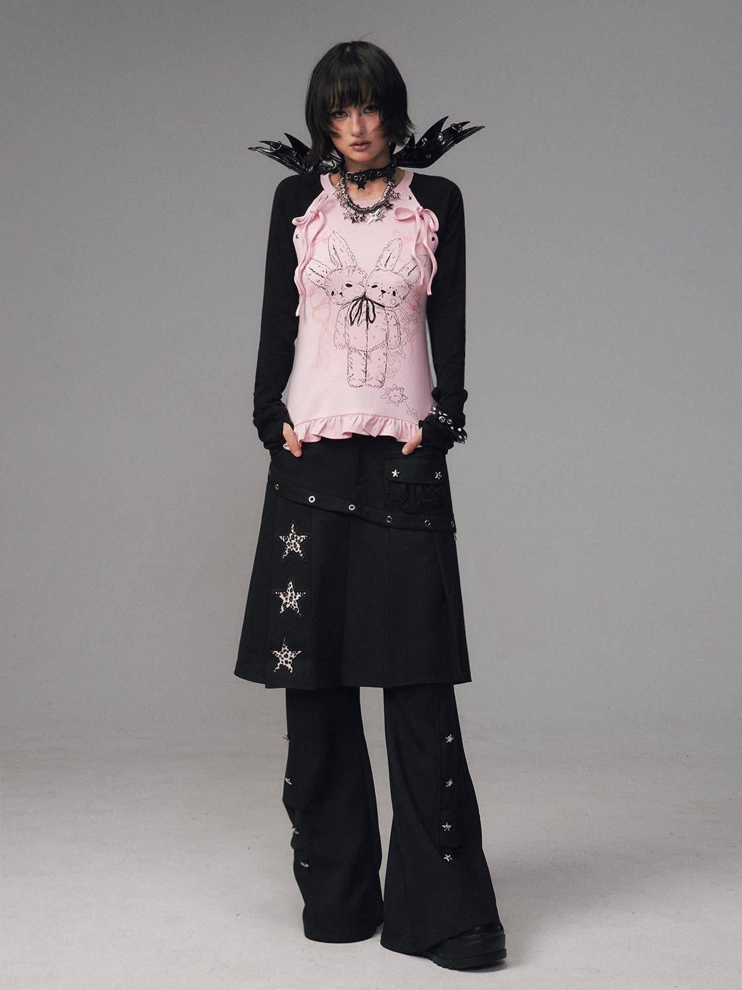 Frustration Garden Bow Lace 3D Embellished Slim Girly Raglan Daily Black Pink Long Sleeve T-Shirts