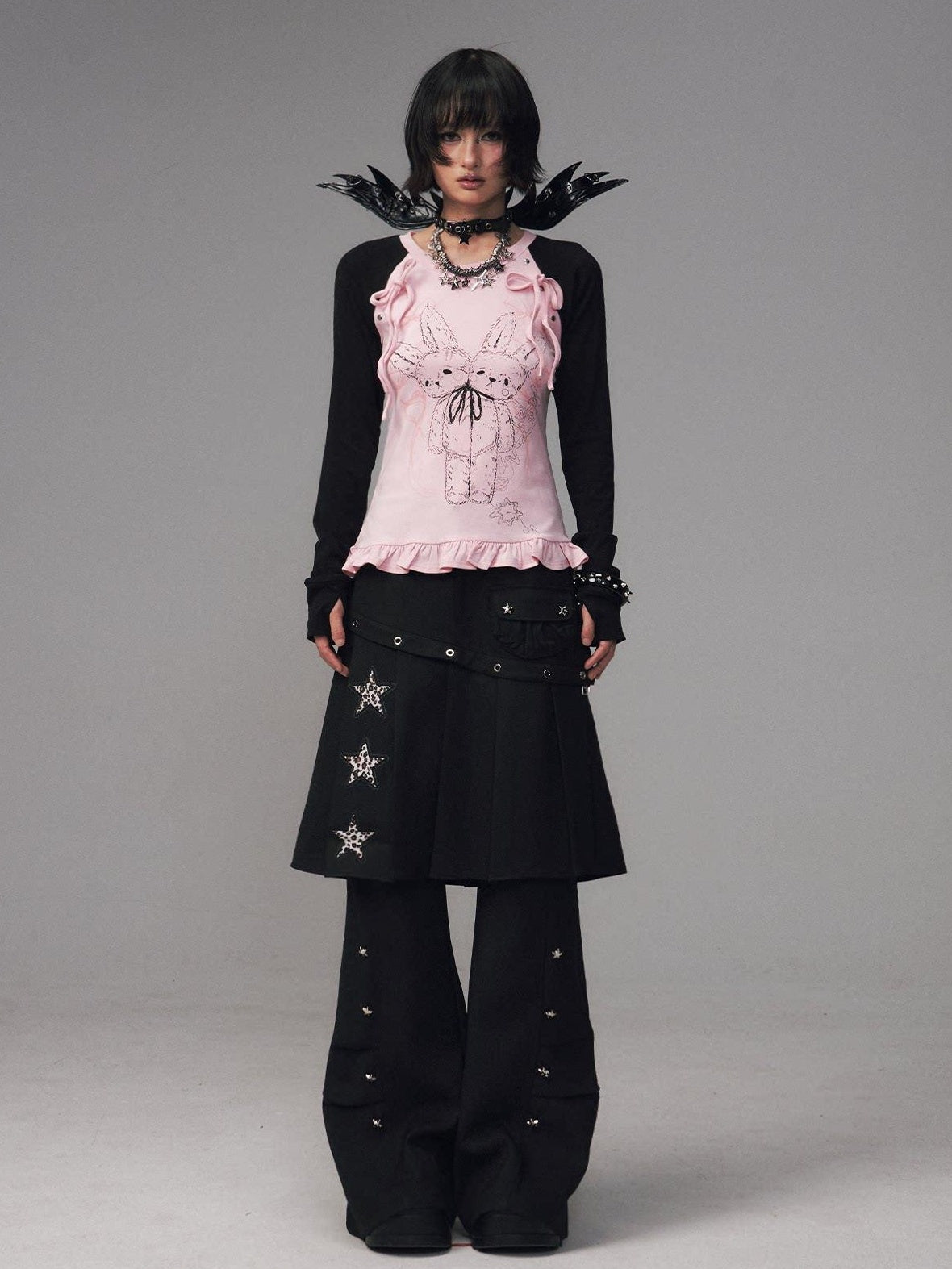 Frustration Garden Bow Lace 3D Embellished Slim Girly Raglan Daily Black Pink Long Sleeve T-Shirts