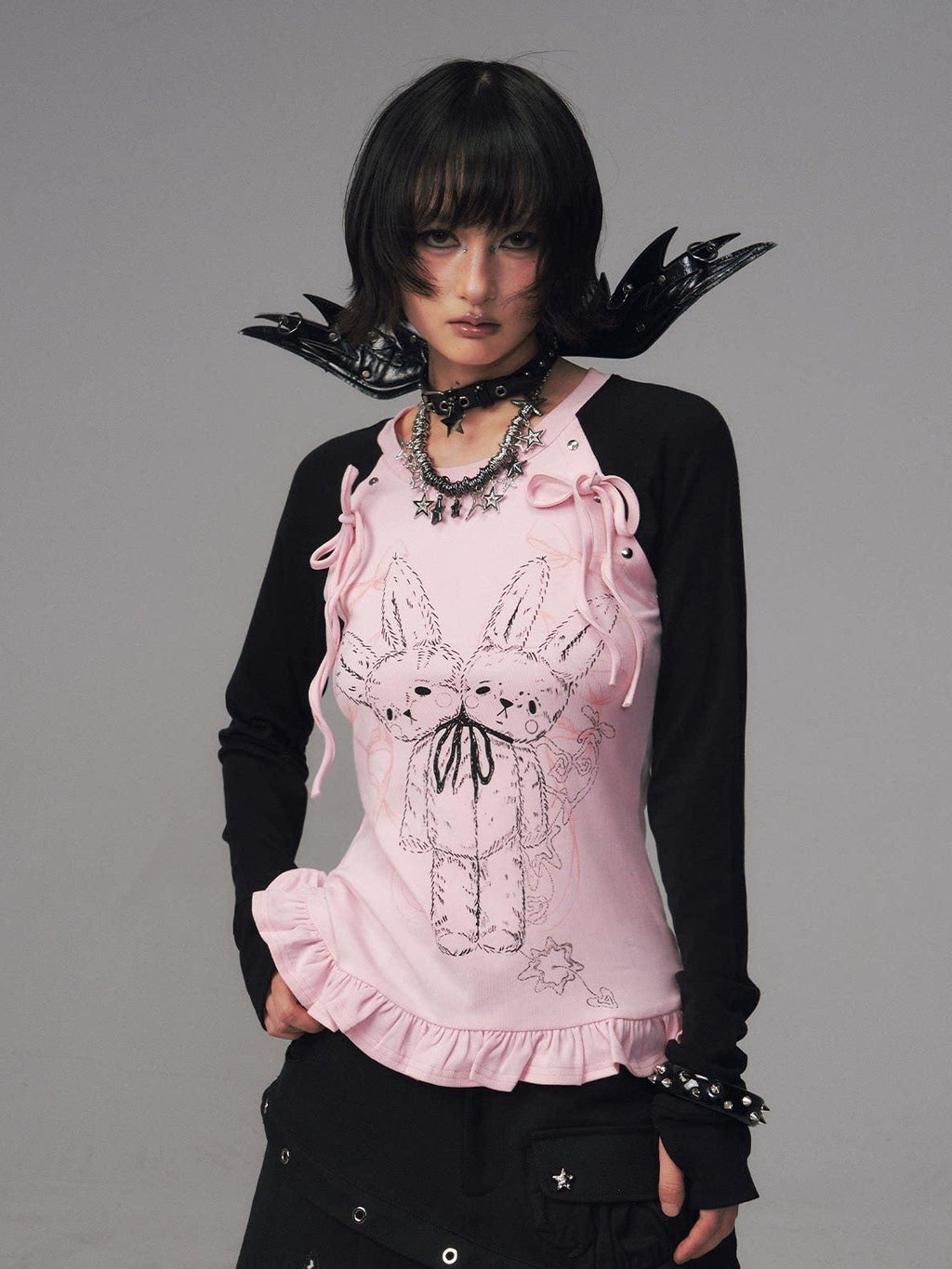Frustration Garden Bow Lace 3D Embellished Slim Girly Raglan Daily Black Pink Long Sleeve T-Shirts