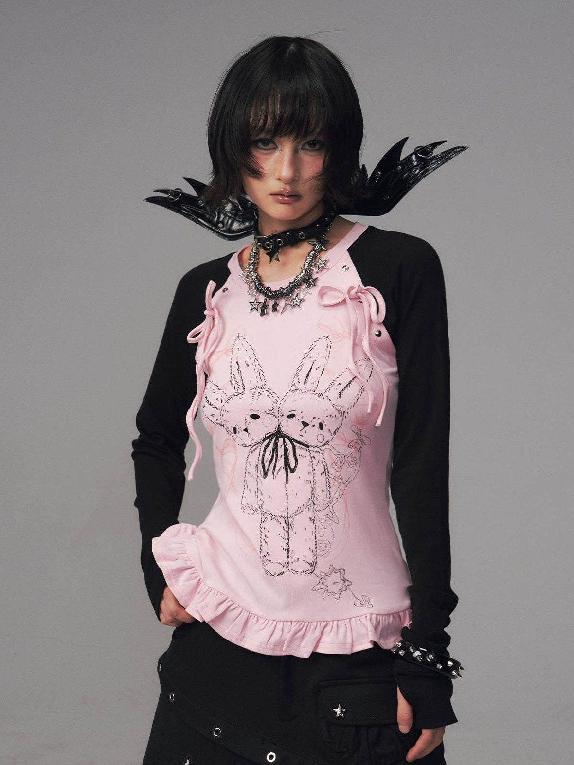 Frustration Garden Bow Lace 3D Embellished Slim Girly Raglan Daily Black Pink Long Sleeve T-Shirts