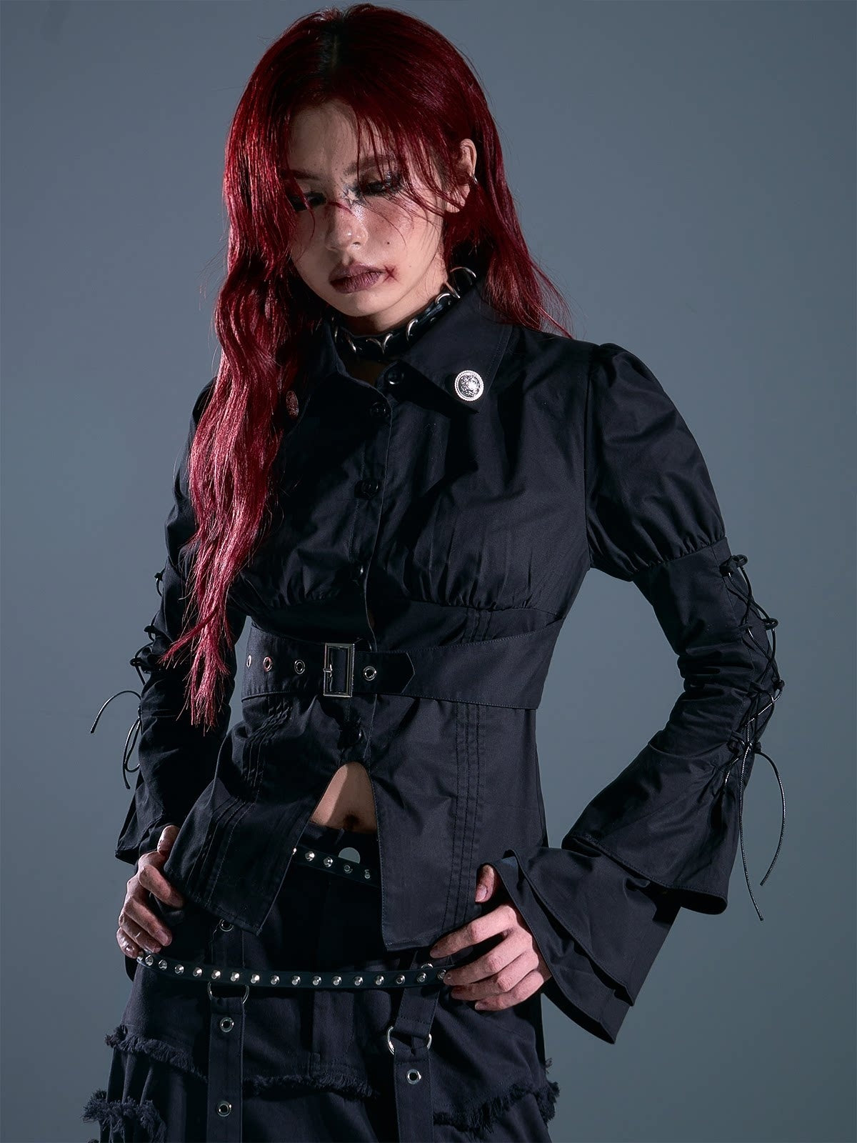 Frustration_Garden_Breathable_Gothic_Slim_Tie_Bell_Sleeve_Women_Black_Ruched_Cardigan_Blouses_MISSTT
