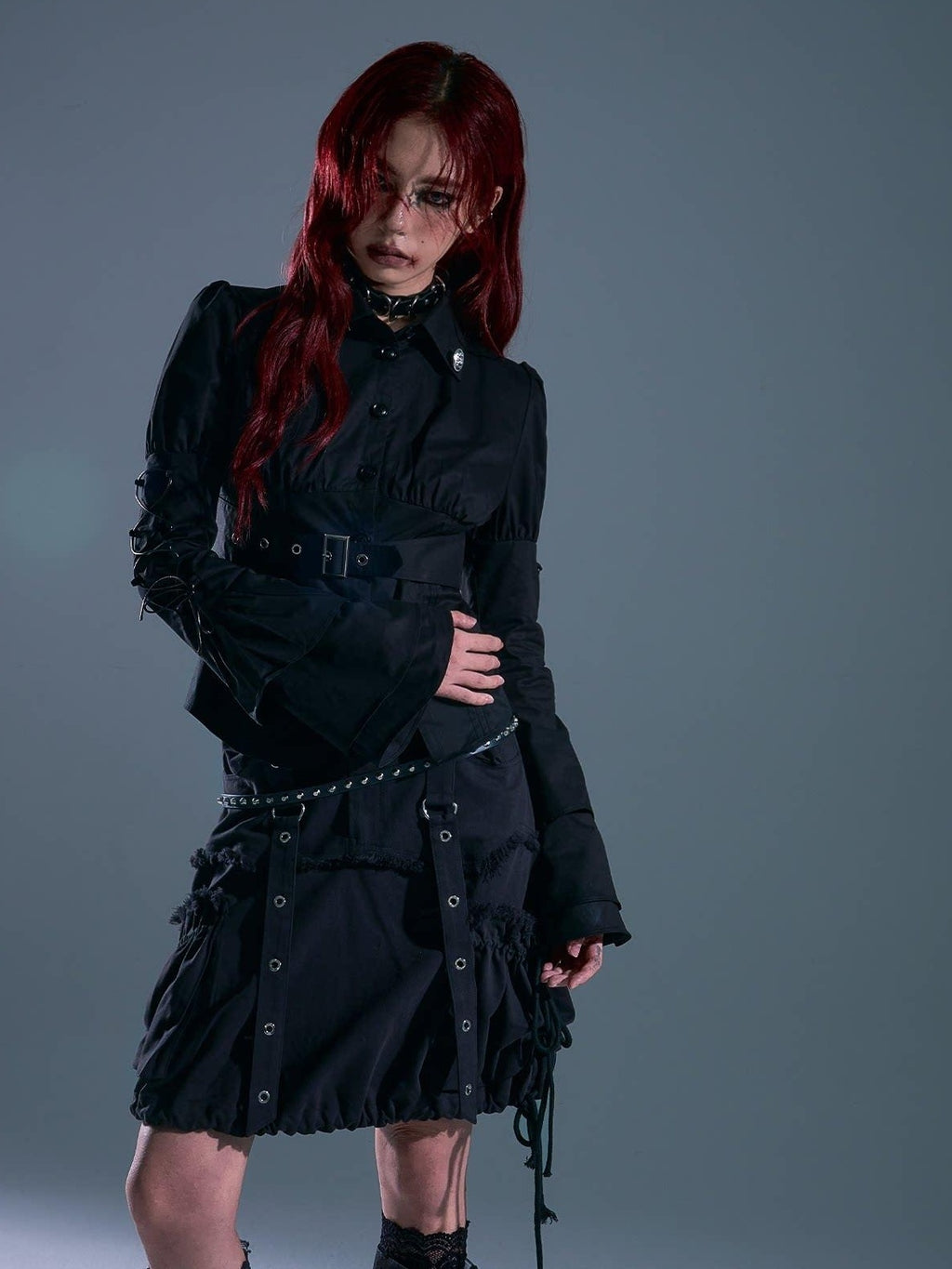Frustration Garden Breathable Gothic Slim Tie Bell Sleeve Women Black Ruched Cardigan Blouses