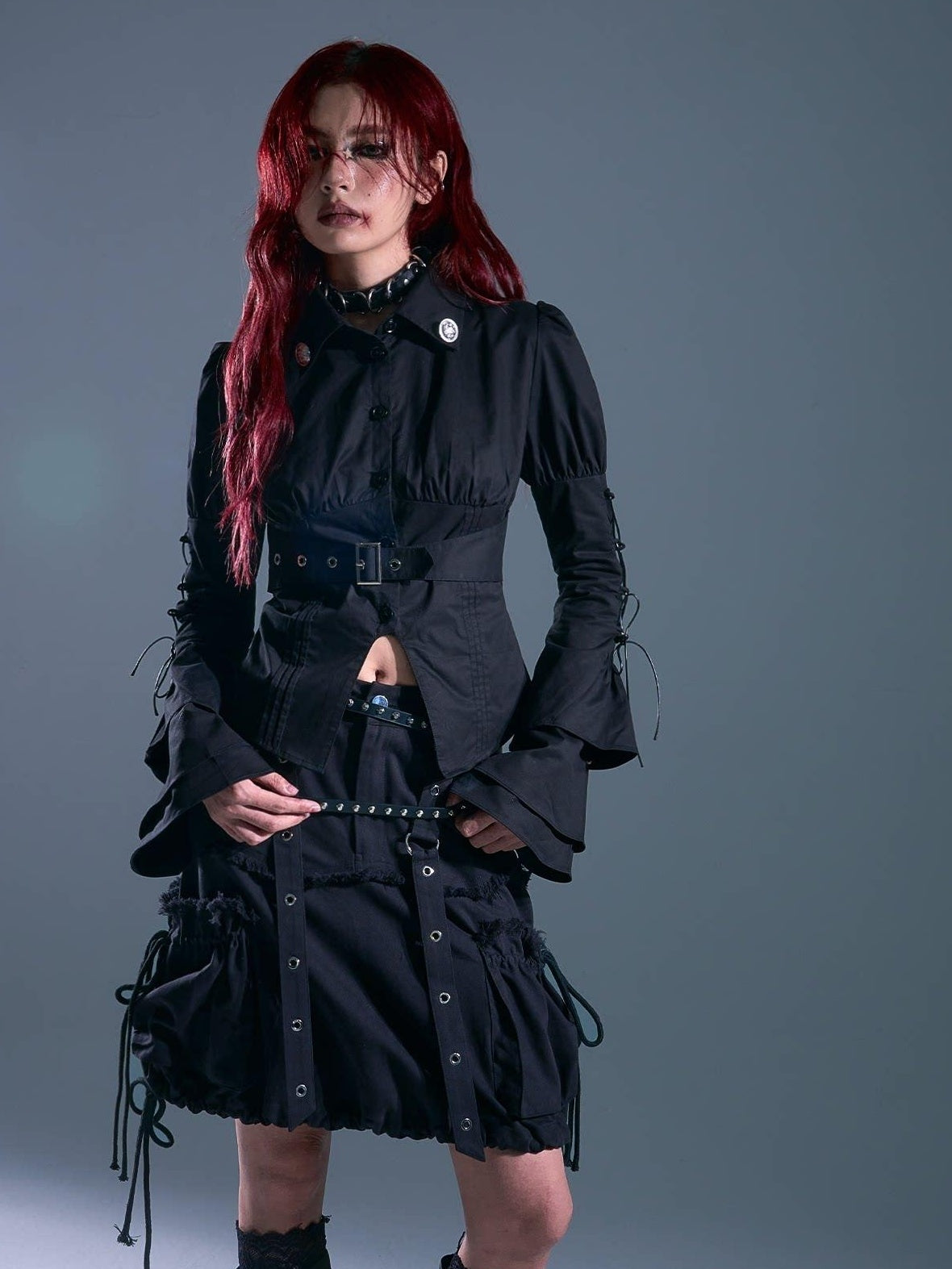Frustration Garden Breathable Gothic Slim Tie Bell Sleeve Women Black Ruched Cardigan Blouses