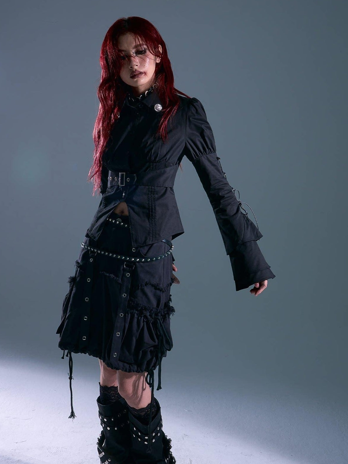 Frustration Garden Breathable Gothic Slim Tie Bell Sleeve Women Black Ruched Cardigan Blouses
