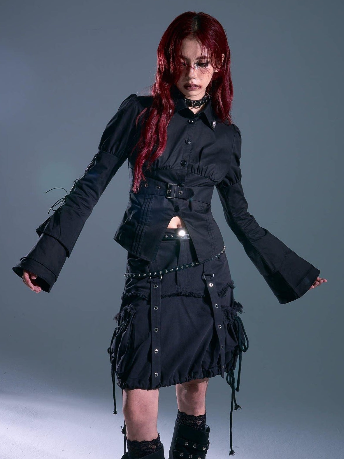 Frustration Garden Breathable Gothic Slim Tie Bell Sleeve Women Black Ruched Cardigan Blouses