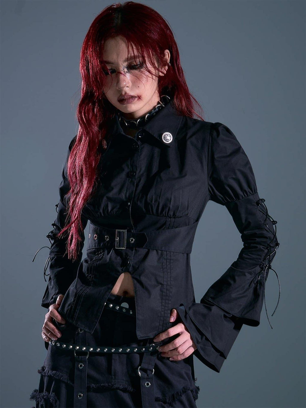 Frustration Garden Breathable Gothic Slim Tie Bell Sleeve Women Black Ruched Cardigan Blouses