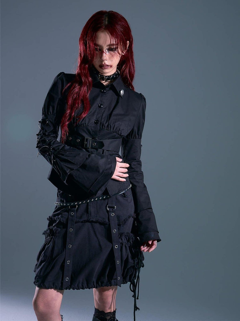 Frustration Garden Breathable Gothic Slim Tie Bell Sleeve Women Black Ruched Cardigan Blouses