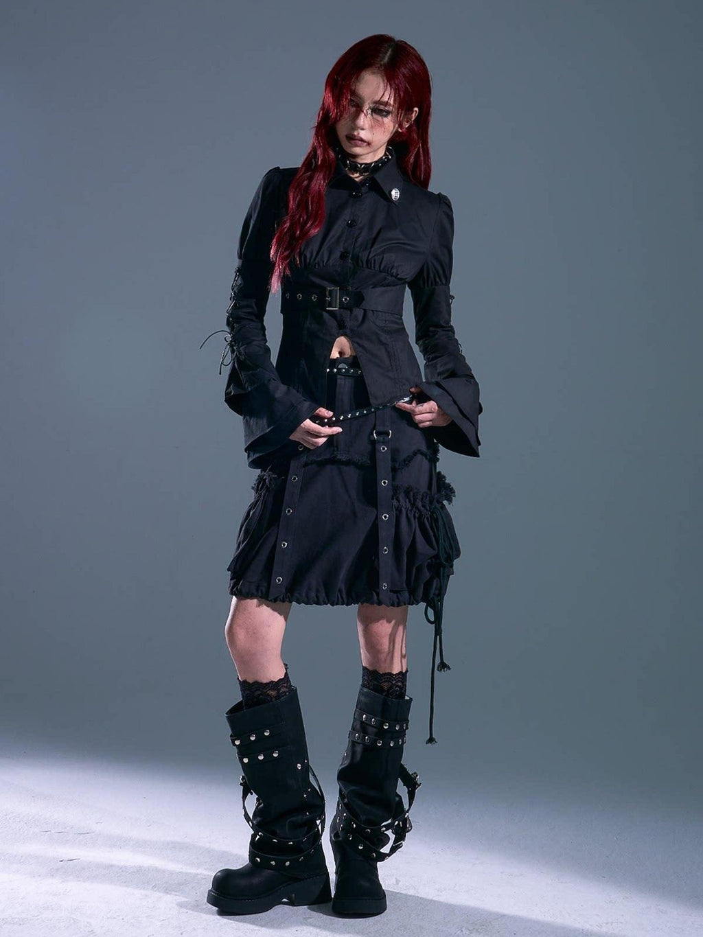 Frustration Garden Breathable Gothic Slim Tie Bell Sleeve Women Black Ruched Cardigan Blouses