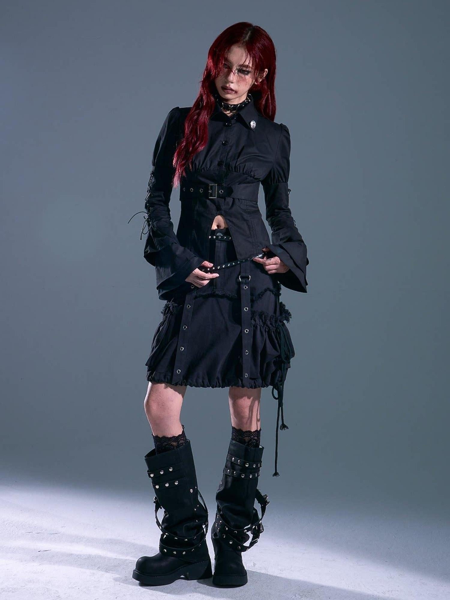 Frustration Garden Breathable Gothic Slim Tie Bell Sleeve Women Black Ruched Cardigan Blouses