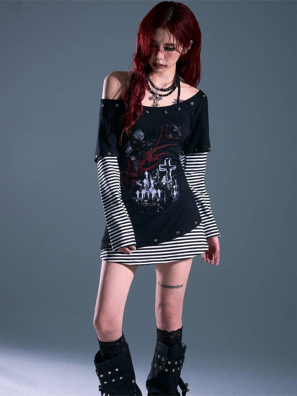 Frustration Garden Breathable Slim Fit Punk Faux Two Piece A Line Black Women Casual Mini Dresses