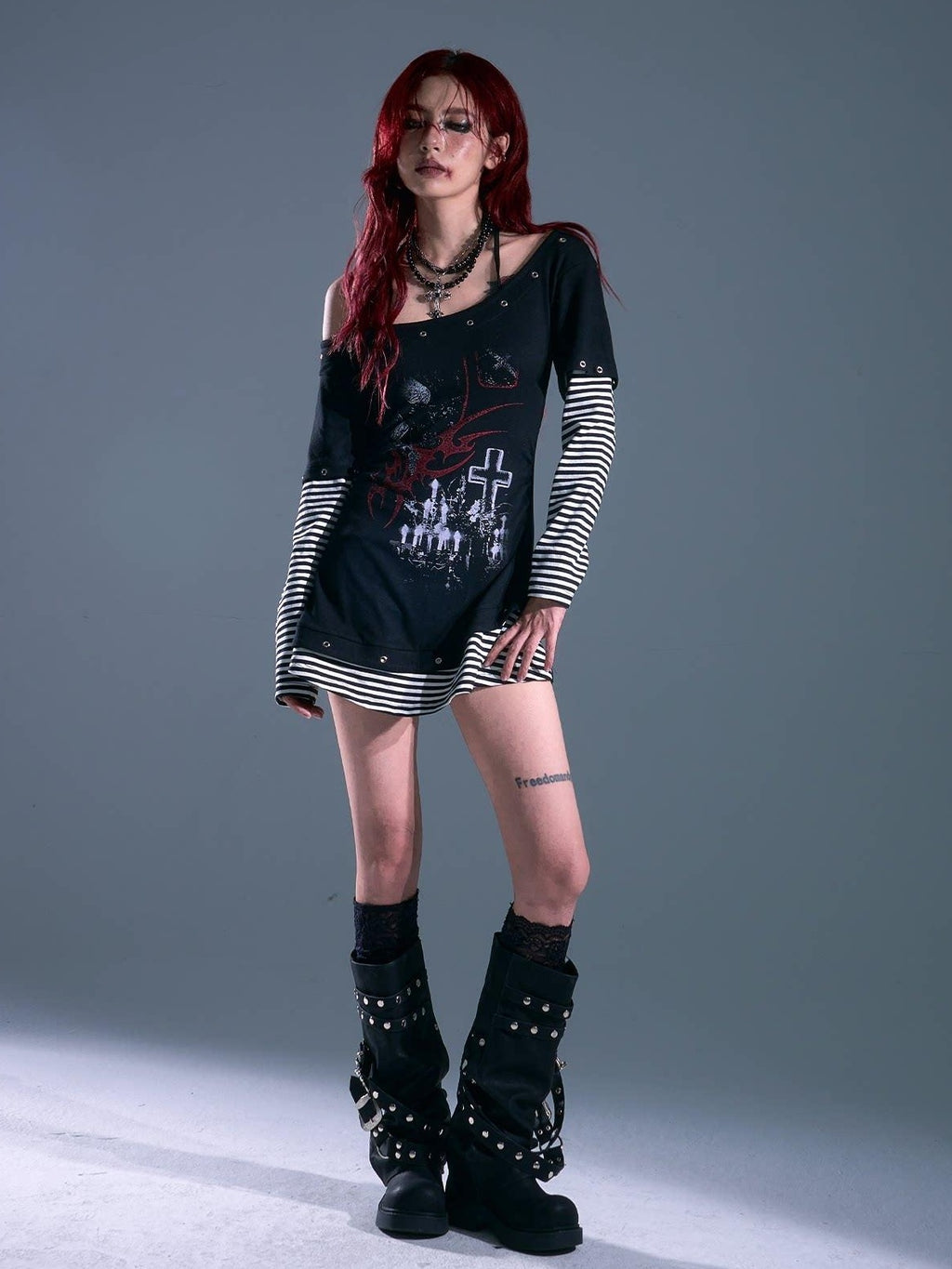 Frustration Garden Breathable Slim Fit Punk Faux Two Piece A Line Black Women Casual Mini Dresses