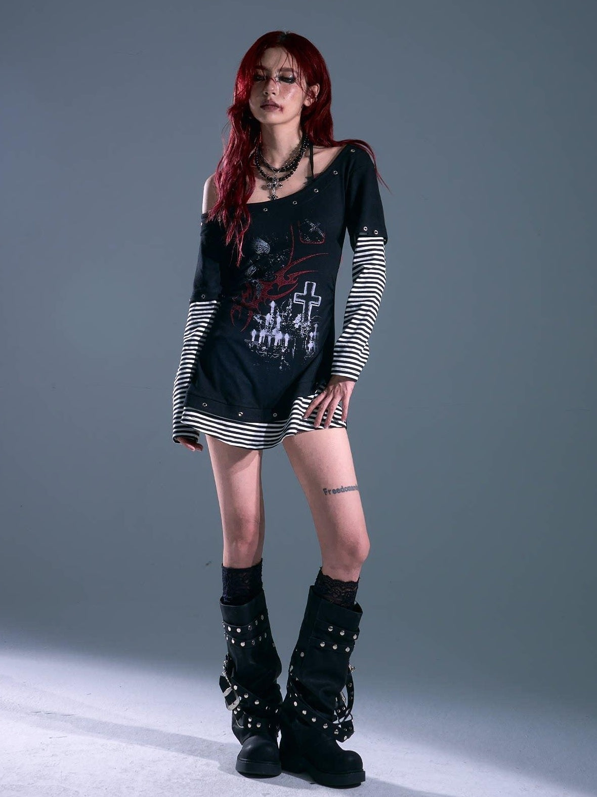 Frustration Garden Breathable Slim Fit Punk Faux Two Piece A Line Black Women Casual Mini Dresses