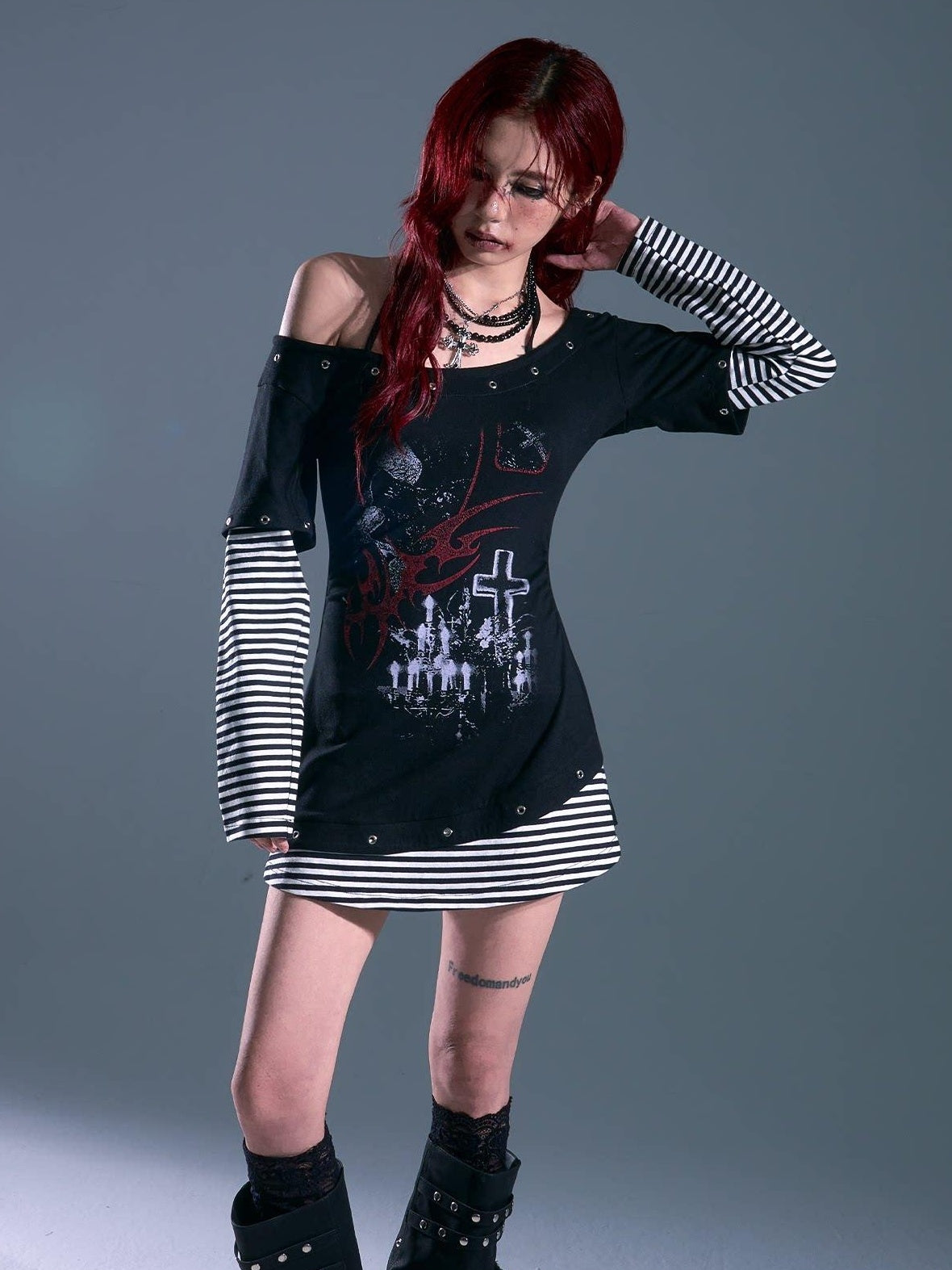 Frustration Garden Breathable Slim Fit Punk Faux Two Piece A Line Black Women Casual Mini Dresses