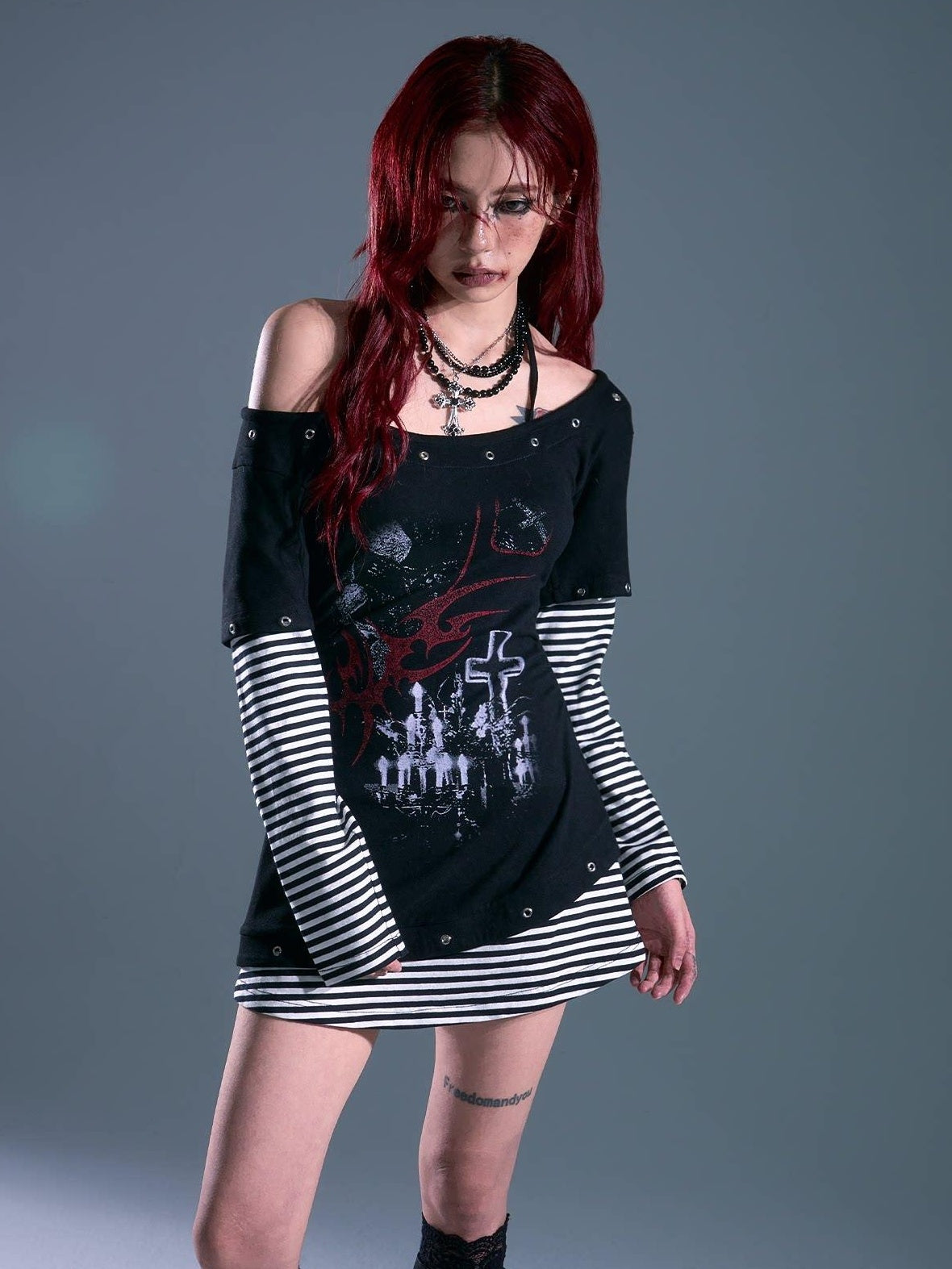 Frustration Garden Breathable Slim Fit Punk Faux Two Piece A Line Black Women Casual Mini Dresses