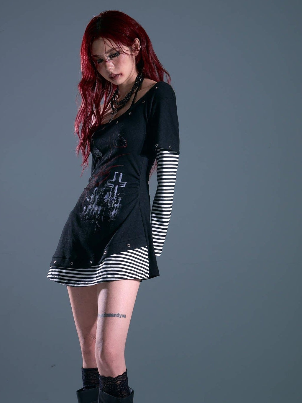 Frustration Garden Breathable Slim Fit Punk Faux Two Piece A Line Black Women Casual Mini Dresses