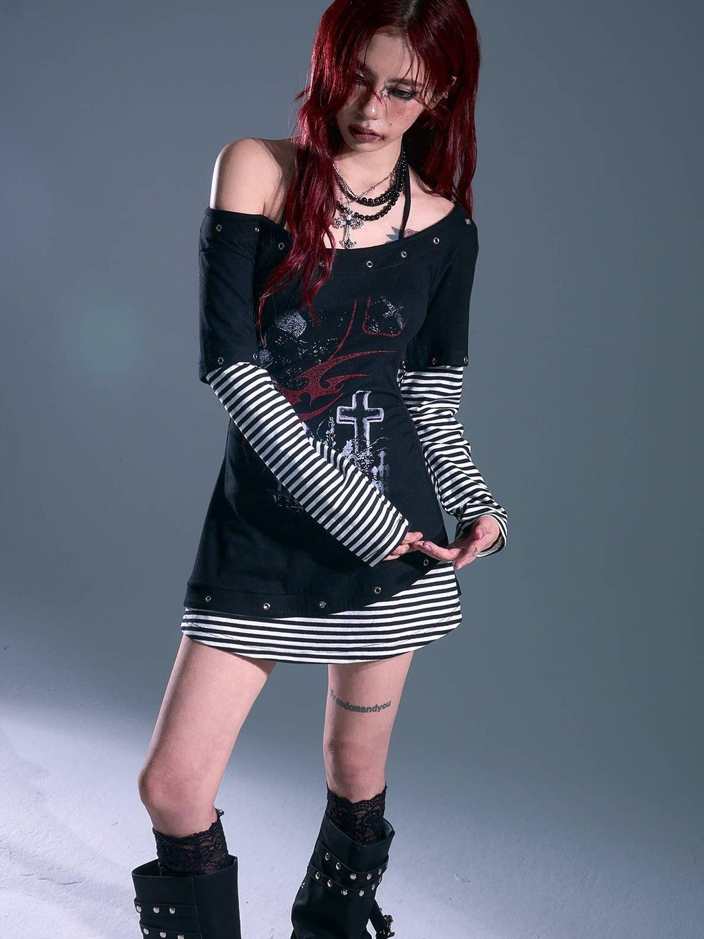Frustration Garden Breathable Slim Fit Punk Faux Two Piece A Line Black Women Casual Mini Dresses
