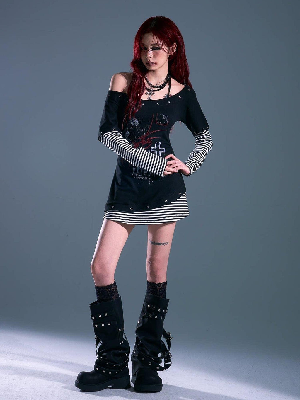 Frustration Garden Breathable Slim Fit Punk Faux Two Piece A Line Black Women Casual Mini Dresses