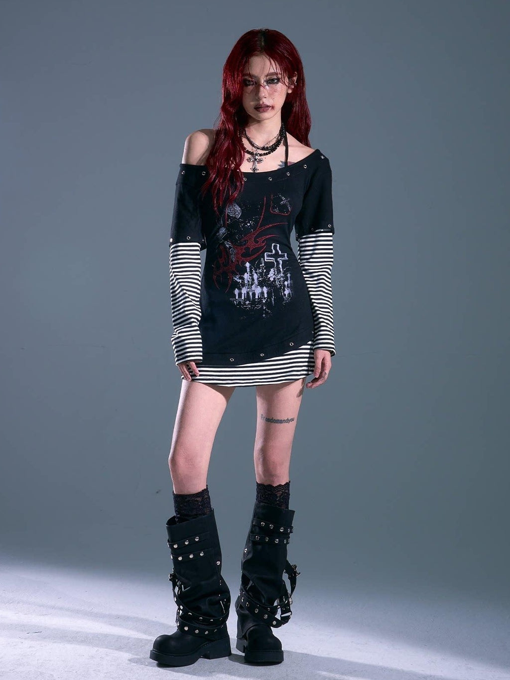Frustration Garden Breathable Slim Fit Punk Faux Two Piece A Line Black Women Casual Mini Dresses