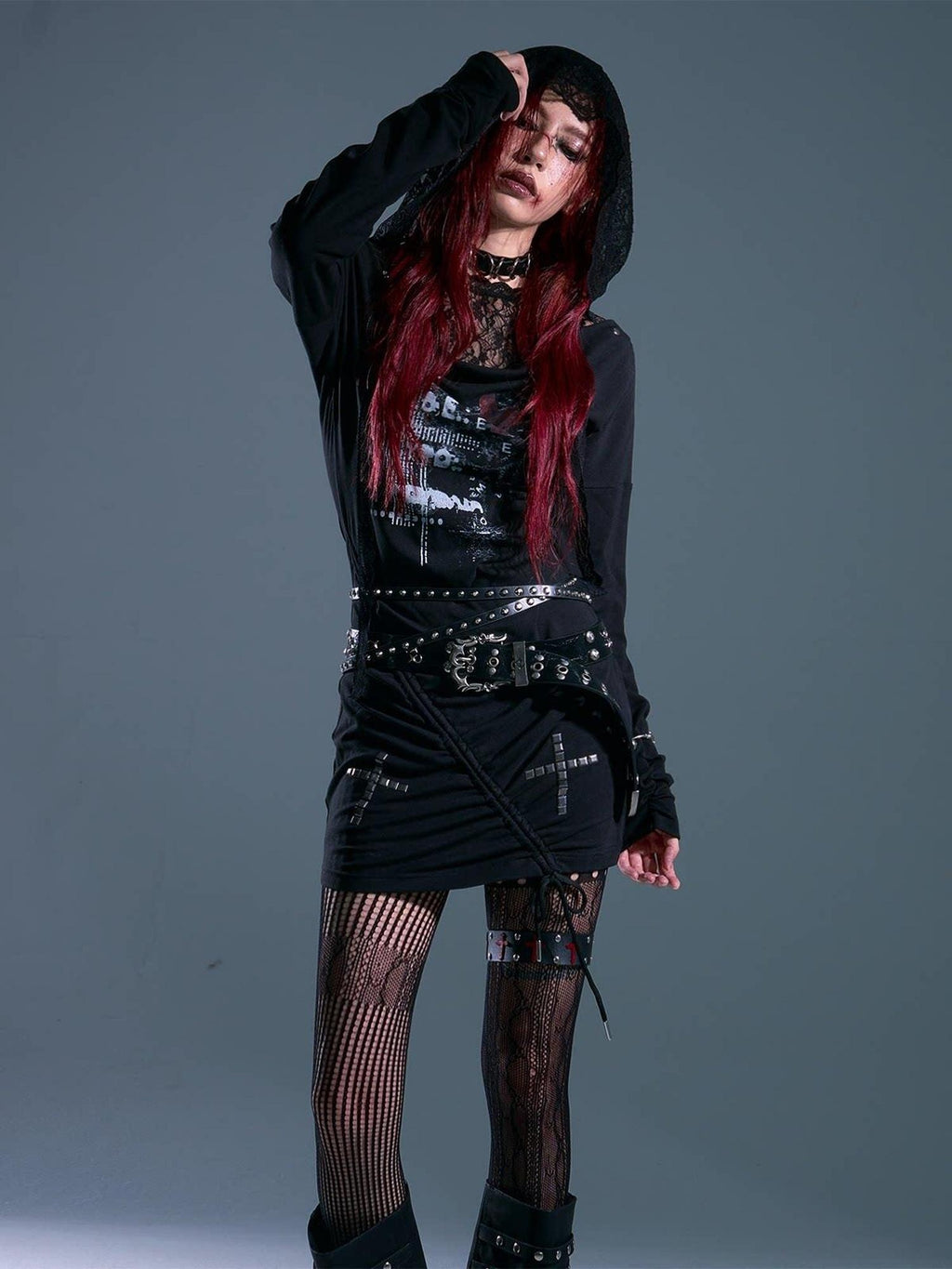 Frustration Garden Breathable Stretch Knit Punk Asymmetric Hooded Fitted Street Casual Mini Dresses