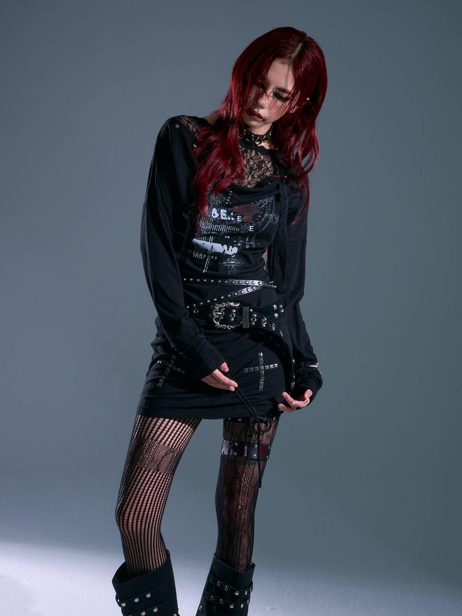 Frustration Garden Breathable Stretch Knit Punk Asymmetric Hooded Fitted Street Casual Mini Dresses