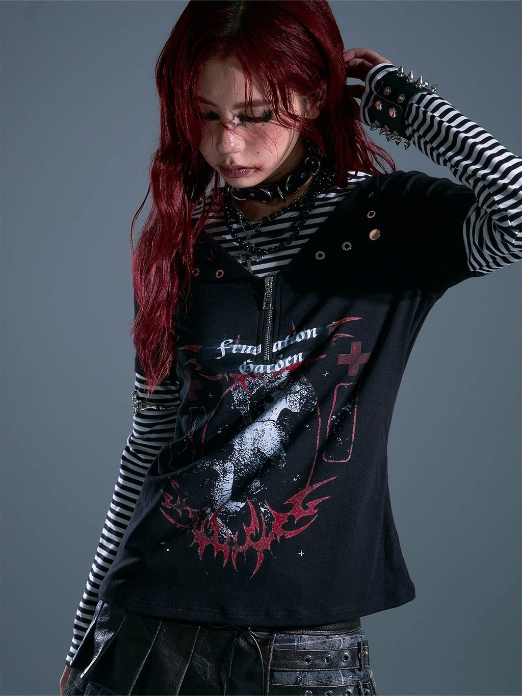 Frustration_Garden_Breathable_Striped_Studded_Punk_Layered_Look_Women_Citywalk_Long_Sleeve_T-Shirts_MISSTT