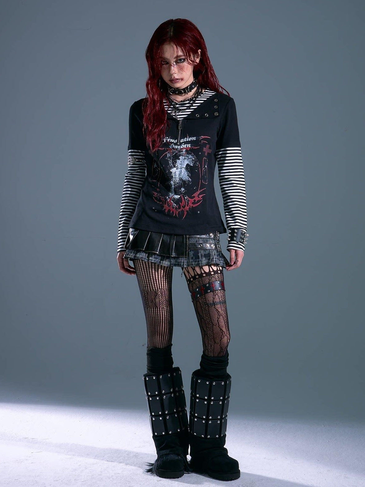 Frustration Garden Breathable Striped Studded Punk Layered Look Women Citywalk Long Sleeve T-Shirts
