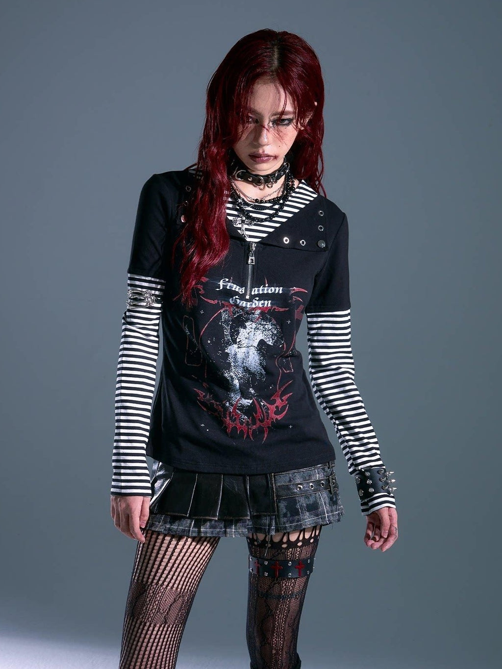 Frustration Garden Breathable Striped Studded Punk Layered Look Women Citywalk Long Sleeve T-Shirts