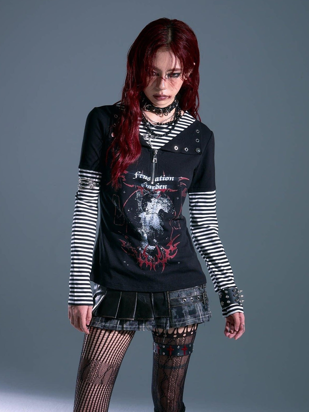 Frustration Garden Breathable Striped Studded Punk Layered Look Women Citywalk Long Sleeve T-Shirts