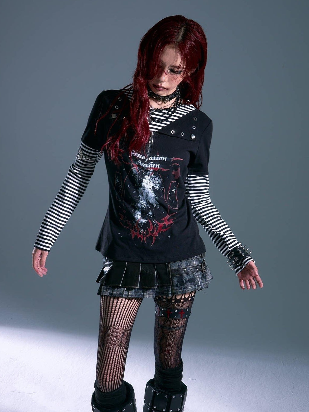 Frustration Garden Breathable Striped Studded Punk Layered Look Women Citywalk Long Sleeve T-Shirts