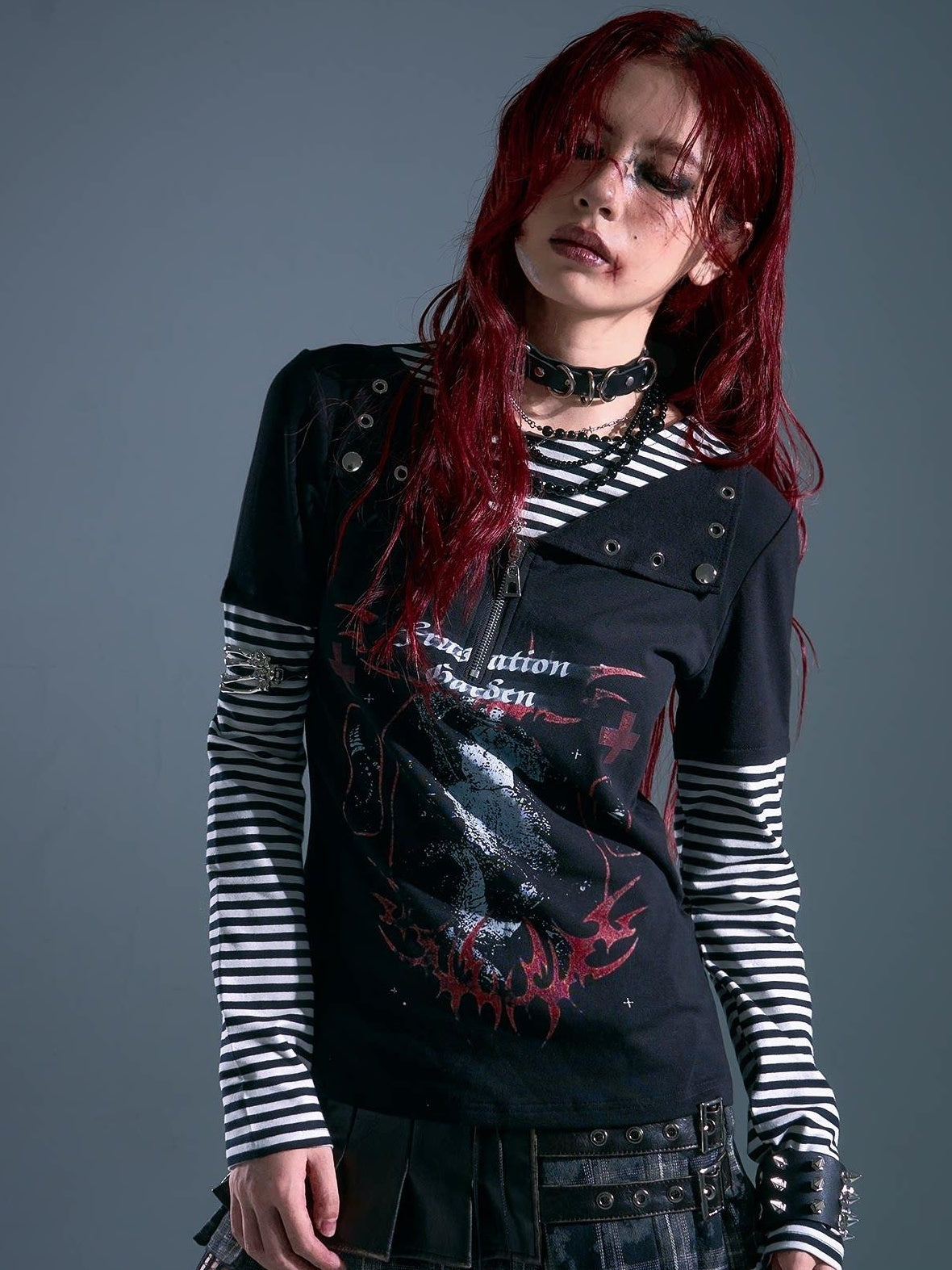 Frustration Garden Breathable Striped Studded Punk Layered Look Women Citywalk Long Sleeve T-Shirts