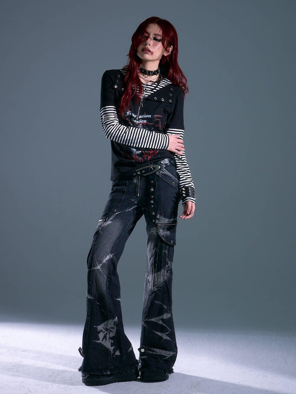 Frustration Garden Breathable Striped Studded Punk Layered Look Women Citywalk Long Sleeve T-Shirts