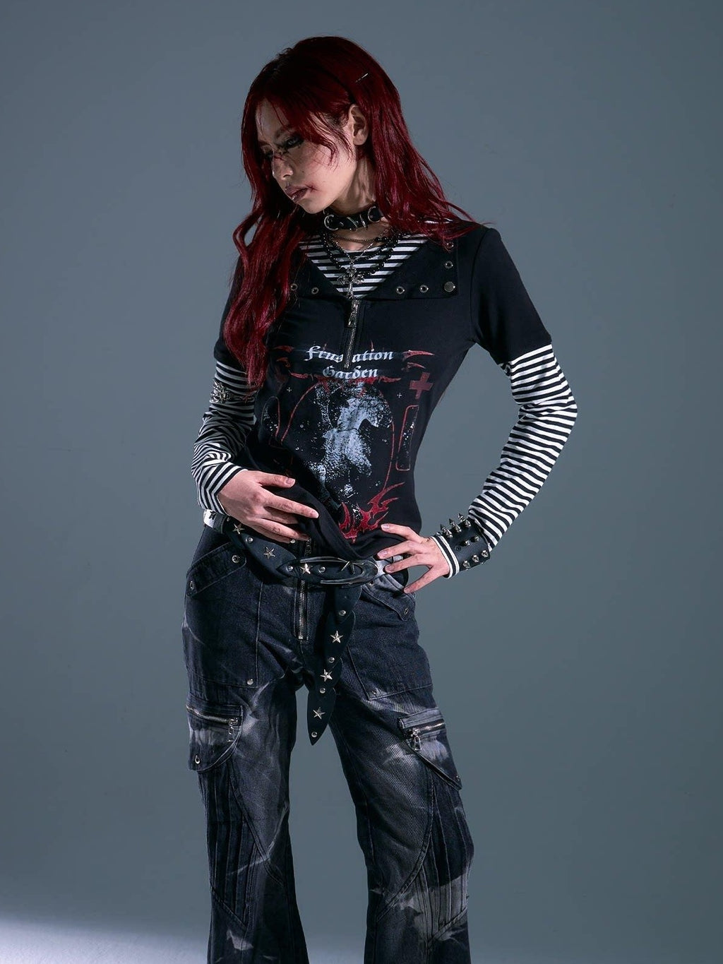 Frustration Garden Breathable Striped Studded Punk Layered Look Women Citywalk Long Sleeve T-Shirts